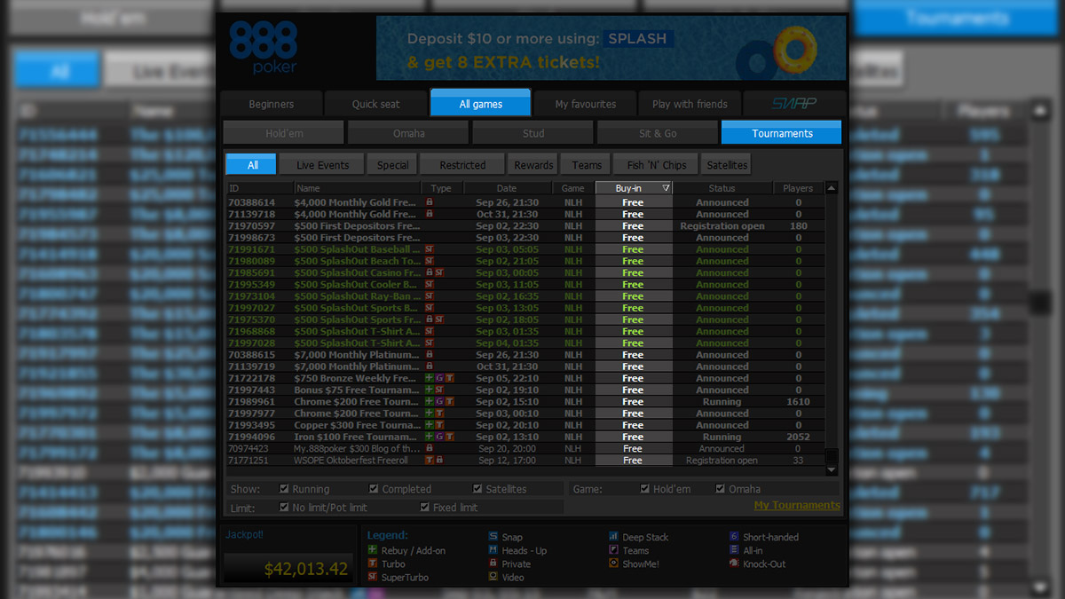 Free tournaments at 888poker software